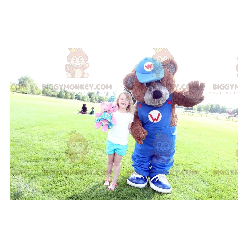 Disfraz de mascota Brown Teddy BIGGYMONKEY™ con overol azul - Disfraz de mascota Brown Teddy BIGGYMONKEY™ con overol azul -