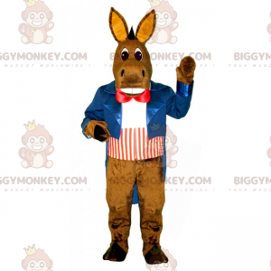 Donkey BIGGYMONKEY™ Mascot Costume with Blue Jacket and Red Bow