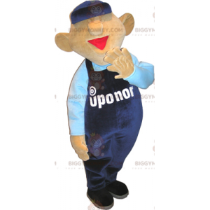 Snowman BIGGYMONKEY™ Mascot Costume with Blue Overalls and Cap