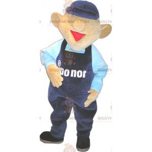 Snögubbe BIGGYMONKEY™ maskotdräkt med blå overall och keps - Maskot för män - BIGGYMONKEY_015145 - BiggyMonkey.com