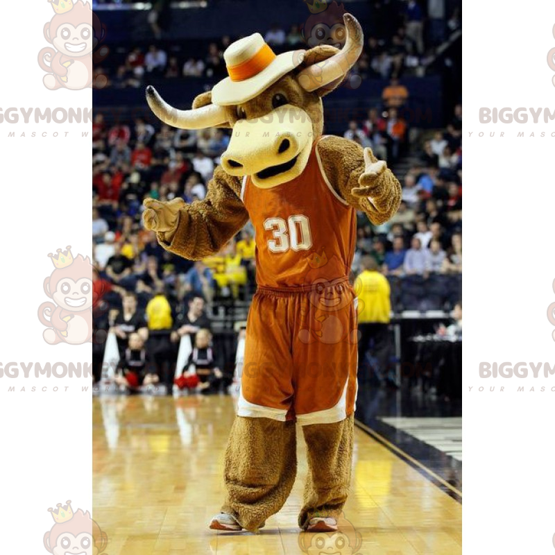 Buffalo BIGGYMONKEY™ maskottiasu koripalloasussa ja cowboyhattu Buffalo BIGGYMONKEY™ maskottiasu koripalloasussa ja cowboyhattu