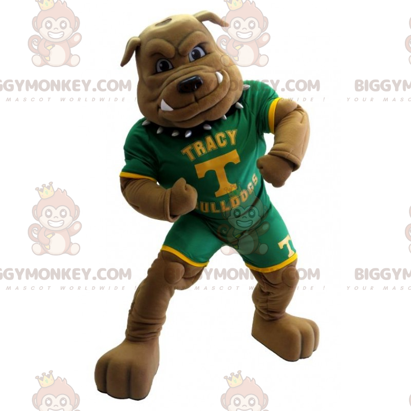 Traje de mascote Bulldog BIGGYMONKEY™ com roupa de futebol
