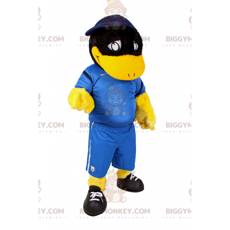 Costume de mascotte BIGGYMONKEY™ de canard noire en tenue de Costume de mascotte BIGGYMONKEY™ de canard noire en tenue de