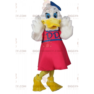 BIGGYMONKEY™ Mascot Costume White Duck With Pink Dress And Blue