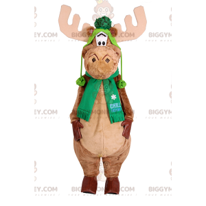 Caribou BIGGYMONKEY™ Mascot Costume with Scarf and Green Hat -