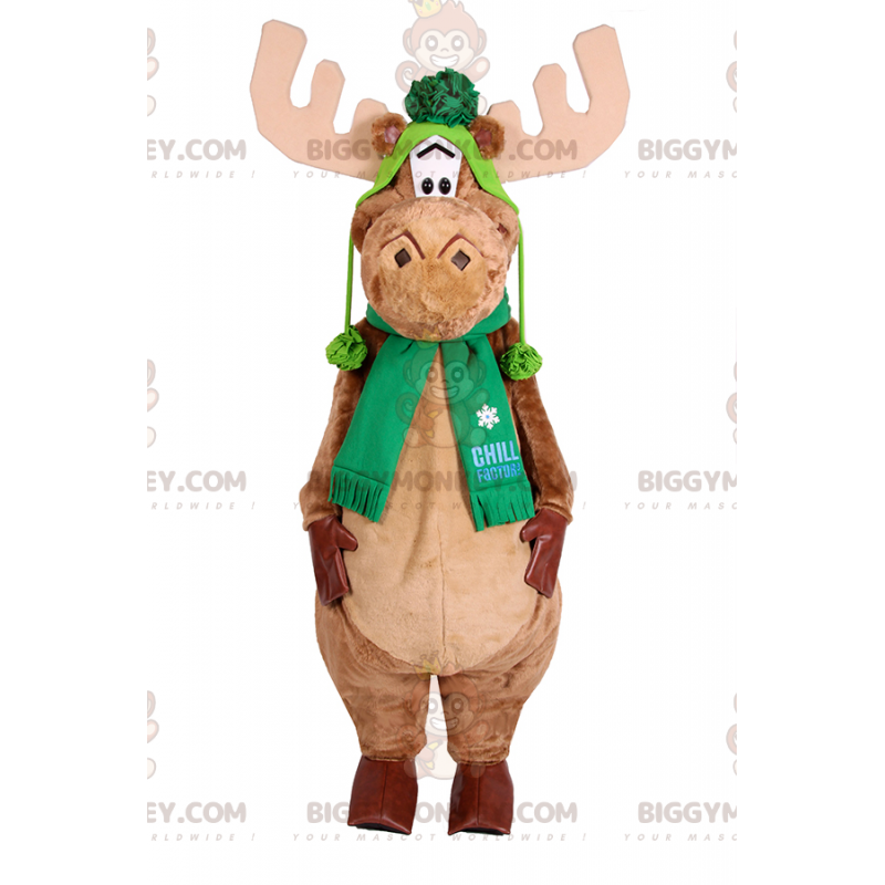 Caribou BIGGYMONKEY™ mascottekostuum met sjaal en groene muts - Caribou BIGGYMONKEY™ mascottekostuum met sjaal en groene muts -