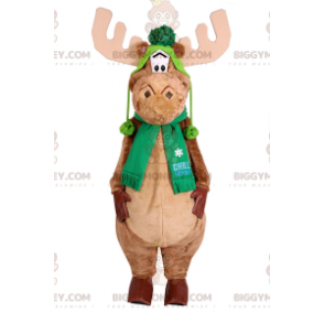 Disfraz de mascota Caribou BIGGYMONKEY™ con bufanda y sombrero verde - Mascotas de ciervos y ciervos - BiggyMonkey.com
