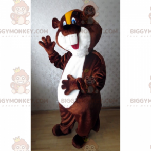 Costume de mascotte BIGGYMONKEY™ de castor avec crête jaune et yeux bleus - Animaux de la forêt - BiggyMonkey.com