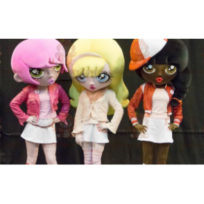 3 BIGGYMONKEY™s colorful hair cartoon girls mascot -