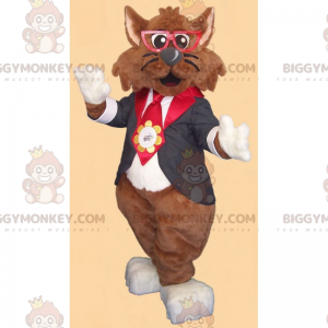 BIGGYMONKEY™ kissan maskottiasu, jossa lasit ja takki -