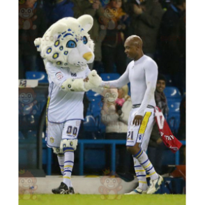 Traje de mascote de tigre branco de olhos azuis BIGGYMONKEY™ em