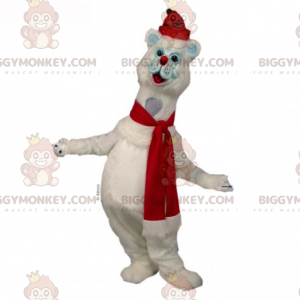 Snow Cat BIGGYMONKEY™ Mascot Costume with Scarf and Red Hat -