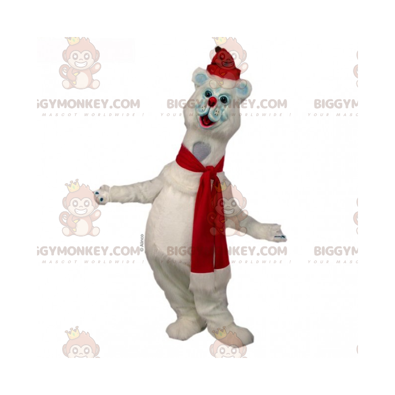 Lumikissan BIGGYMONKEY™ maskottiasu, jossa huivi ja punainen Lumikissan BIGGYMONKEY™ maskottiasu, jossa huivi ja punainen