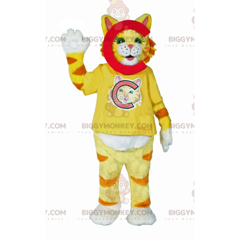 Disfraz de mascota de gato rayado amarillo BIGGYMONKEY™ - Disfraz de mascota de gato rayado amarillo BIGGYMONKEY™ -