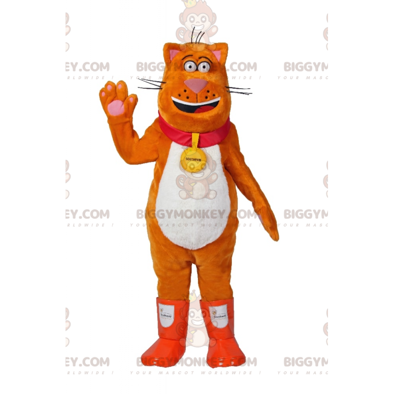 Costume da mascotte BIGGYMONKEY™ da gatto arancione con stivali Costume da mascotte BIGGYMONKEY™ da gatto arancione con stivali