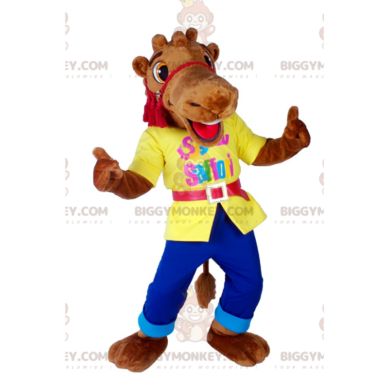 Disfraz de mascota BIGGYMONKEY™ de camello sonriente con Disfraz de mascota BIGGYMONKEY™ de camello sonriente con