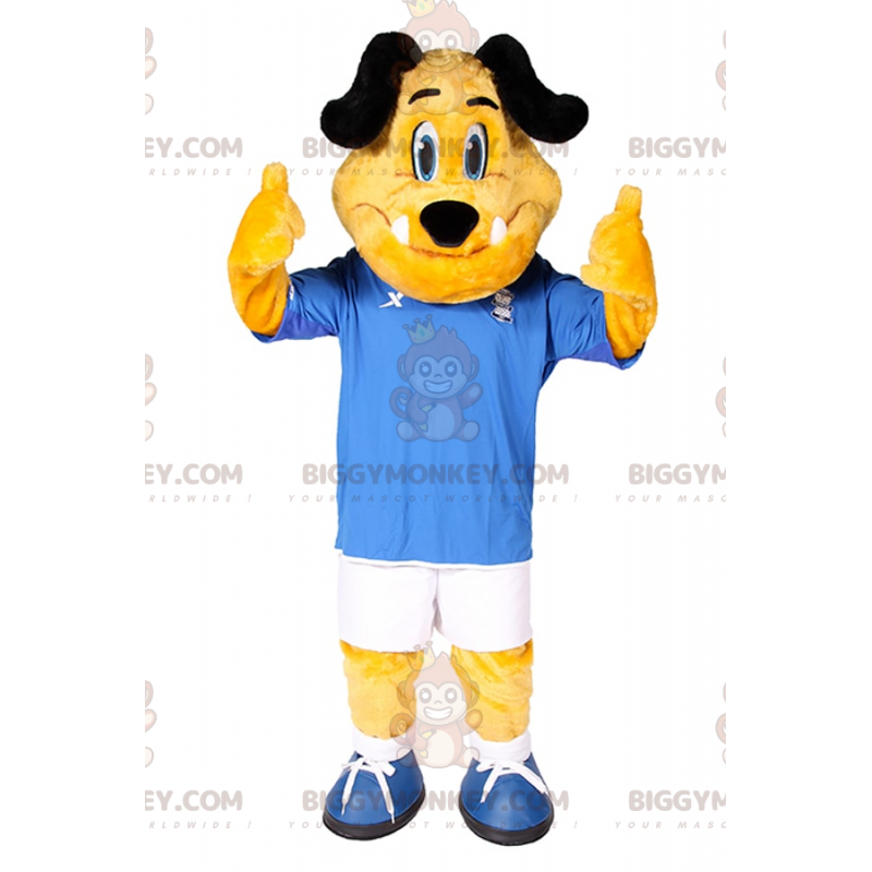 Traje de mascote de cachorro BIGGYMONKEY™ com roupa de futebol Traje de mascote de cachorro BIGGYMONKEY™ com roupa de futebol