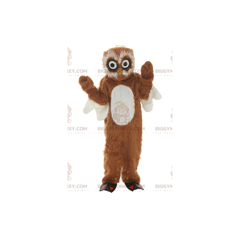 Traje de mascote BIGGYMONKEY™ de coruja marrom e branca toda Traje de mascote BIGGYMONKEY™ de coruja marrom e branca toda
