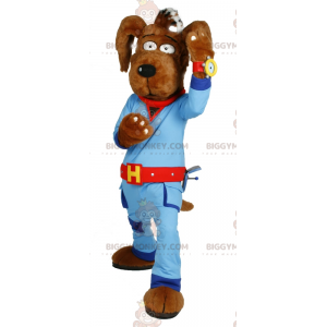 Brauner Hund BIGGYMONKEY™ Maskottchen-Kostüm mit blauem Overall