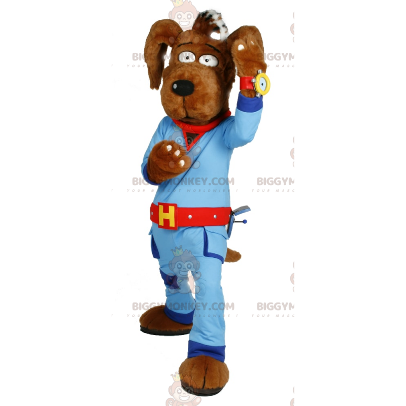 Brun hund BIGGYMONKEY™ maskotdräkt med blå jumpsuit - Hundmaskot - BIGGYMONKEY_015434 - BiggyMonkey.com