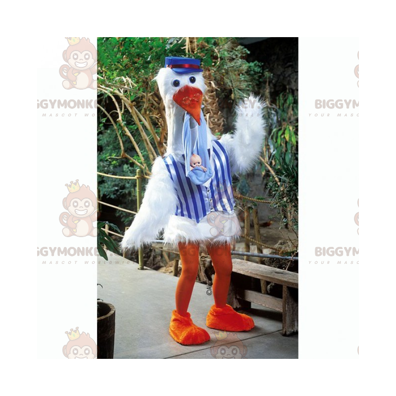 Fantasia de mascote de cegonha com bebê BIGGYMONKEY™ – Fantasia de mascote de cegonha com bebê BIGGYMONKEY™ –