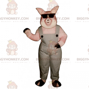 BIGGYMONKEY™ Pig Mascot Costume In Overalls And Dark Glasses -
