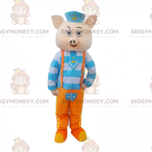 Pig BIGGYMONKEY™ Mascot Costume in Blue and Orange Sailor