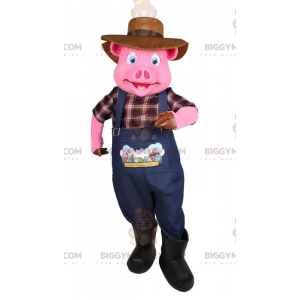 BIGGYMONKEY™ Mascot Costume Pink Pig In Farmer Outfit -