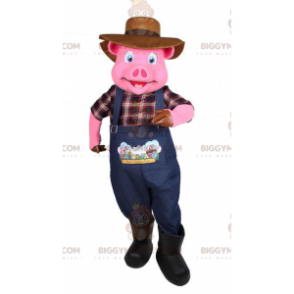 Kostým maskota BIGGYMONKEY™ Růžové prase ve farmářském oblečení - Prase maskoti - BIGGYMONKEY_015488 - BiggyMonkey.com