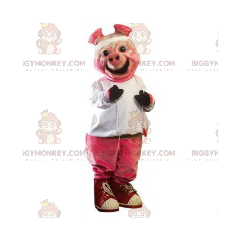 Costume de mascotte BIGGYMONKEY™ de cochon rose souriant et Costume de mascotte BIGGYMONKEY™ de cochon rose souriant et