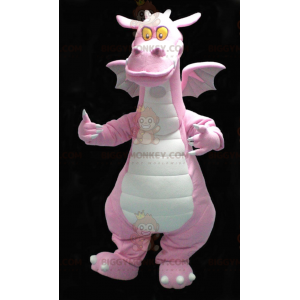 Simpatico costume da mascotte sorridente rosa e drago bianco