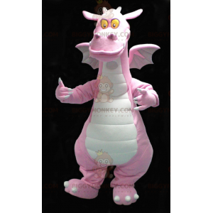 Söt leende rosa och vit drake BIGGYMONKEY™ maskotdräkt -