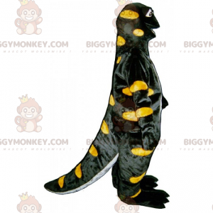 Costume de mascotte BIGGYMONKEY™ de dino noir a pois jaunes -