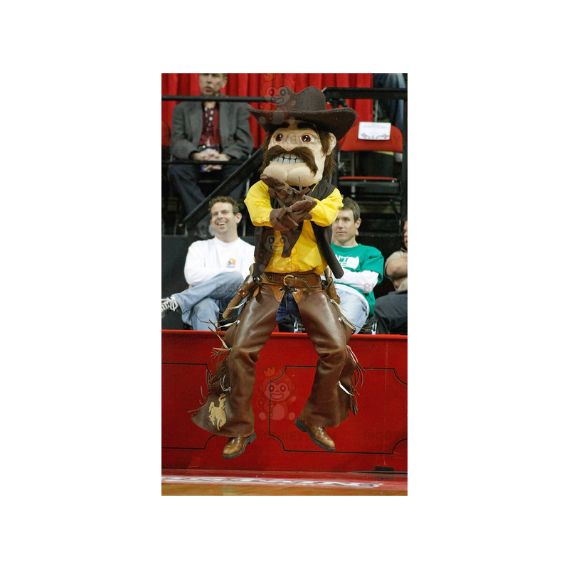 Viikset Cowboy BIGGYMONKEY™ maskottiasu keltaisessa ja Viikset Cowboy BIGGYMONKEY™ maskottiasu keltaisessa ja