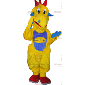 BIGGYMONKEY™ maskottiasu, keltainen dinosaurus sinisellä