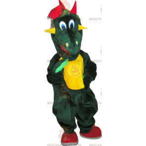 BIGGYMONKEY™ Maskotdräkt Grön dinosaurie med gul mage -