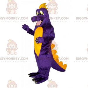 Traje de mascote de dinossauro roxo e amarelo sorridente