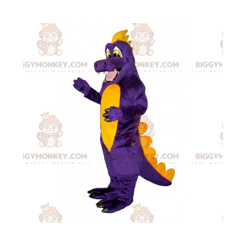 Costume de mascotte BIGGYMONKEY™ de dinosaure violet et jaune Costume de mascotte BIGGYMONKEY™ de dinosaure violet et jaune