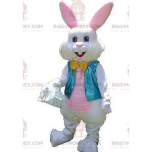 Traje de mascote BIGGYMONKEY™ Coelho branco e rosa com colete