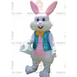 BIGGYMONKEY™ Maskottchenkostüm Hase in Weiß und Rosa mit blauer