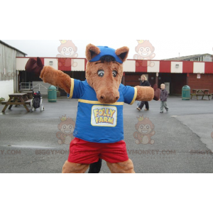  Costume da mascotte Colt Brown Horse BIGGYMONKEY™ in abito blu e rosso - Mascotte di cavalli - BiggyMonkey.com
