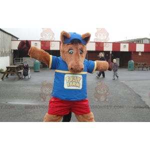 Kostým maskota Colt Brown Horse BIGGYMONKEY™ v modré a červené