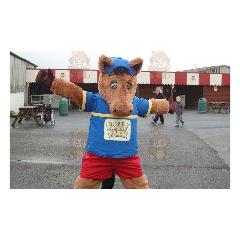 Colt Brown Horse BIGGYMONKEY™ mascottekostuum in blauwe en rode Colt Brown Horse BIGGYMONKEY™ mascottekostuum in blauwe en rode