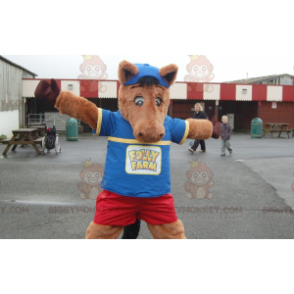 Colt Brown Horse BIGGYMONKEY™ maskotdräkt i blå och röd outfit