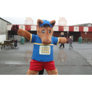 Traje de mascote Colt Brown Horse BIGGYMONKEY™ em roupa azul e
