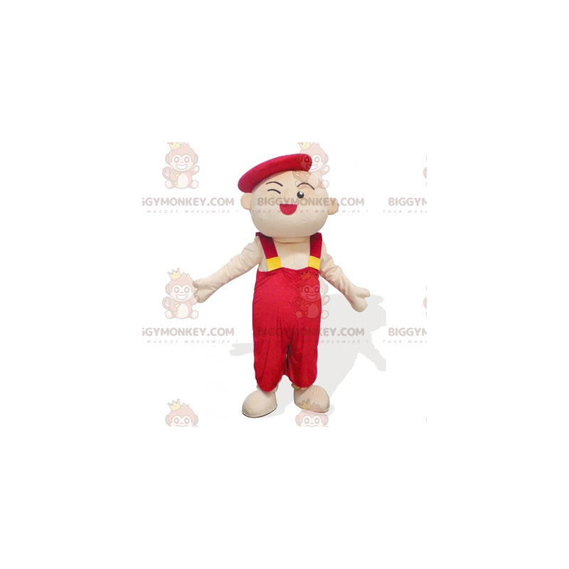 Artist Kid Man BIGGYMONKEY™ Mascot Costume in Red Overalls -