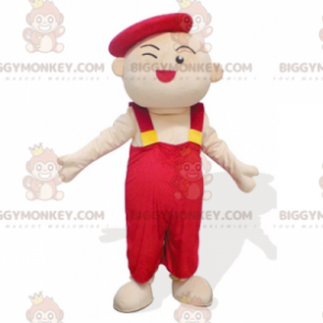 Artist Kid Man BIGGYMONKEY™ Mascot Costume in Red Overalls -