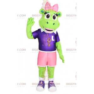 Frog BIGGYMONKEY™ maskotkostume med lyserød sløjfe og sporty