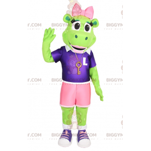 Kostium maskotki żaba BIGGYMONKEY™ z różową kokardką i