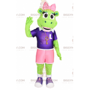 Kostium maskotki żaba BIGGYMONKEY™ z różową kokardką i sportowym strojem - Maskotki żaba - BIGGYMONKEY_015840 - BiggyMonkey.com